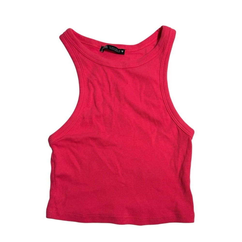 Zara Cropped Tank Top Hot Pink Ribbed Size Medium Stretchy Cotton Barbie - Picture 1 of 7